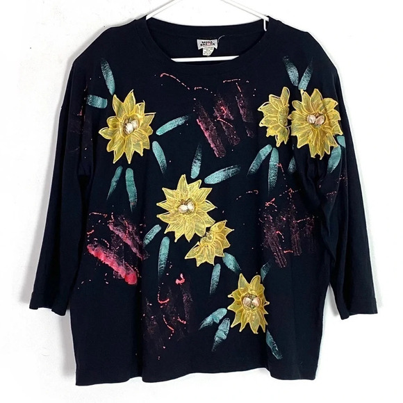 Vintage 90s Hand Painted Oversized Long Sleeve Crewneck Top Shoulder Pads Large - Picture 1 of 12